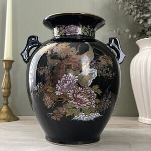 Vintage 1950s Japanese Floral Peacock Cloisonne Enamel Vase